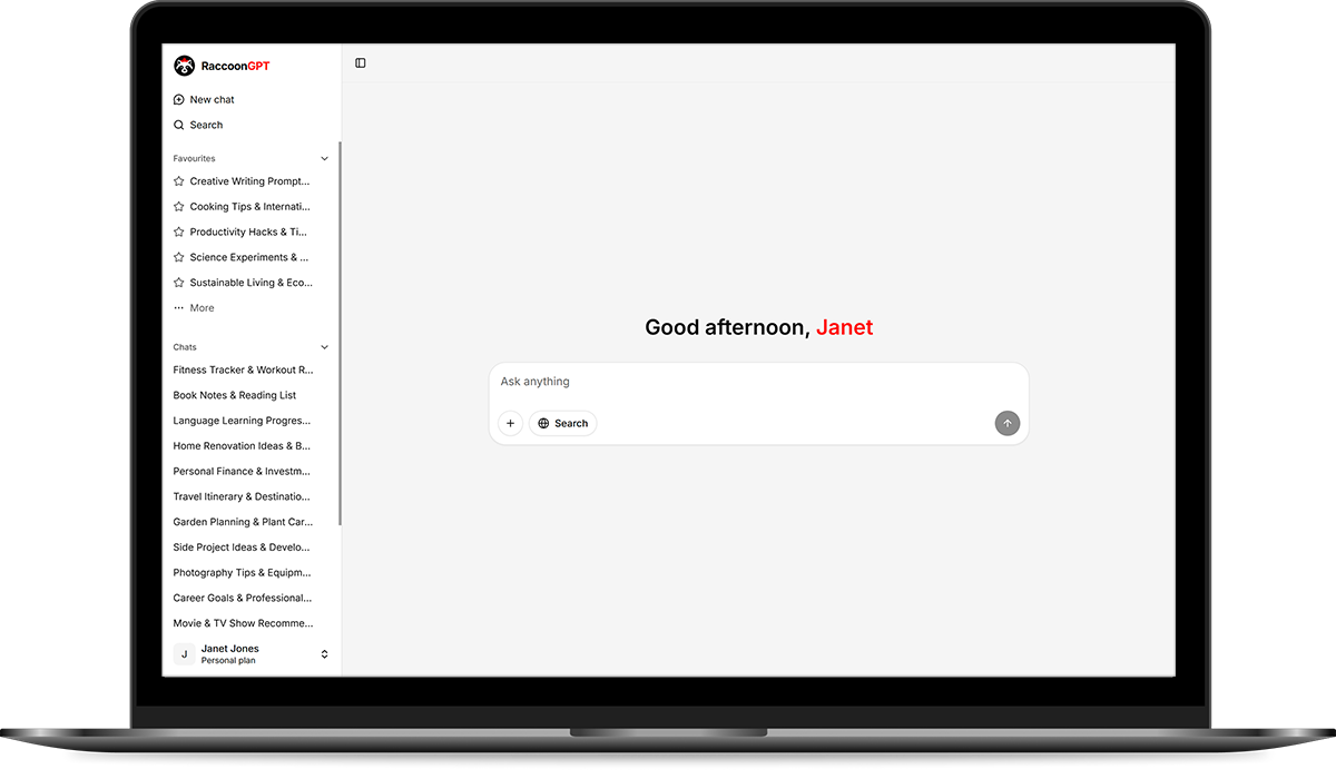 Chat view of RaccoonGPT with a left sidebar showing favourites and recent chats. The main area displays a greeting that reads ‘Good afternoon, Janet’ with a central prompt box labeled ‘Ask anything’ and search options below it.