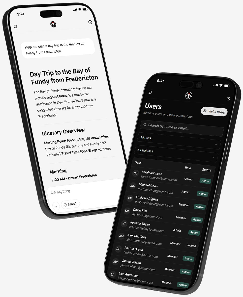 RaccoonGPT product shots on an iPhone 16 Pro Max. One is of user account management, the other is of a chat conversation where the user asked "Help me plan a day trip to the the Bay of Fundy from Fredericton"